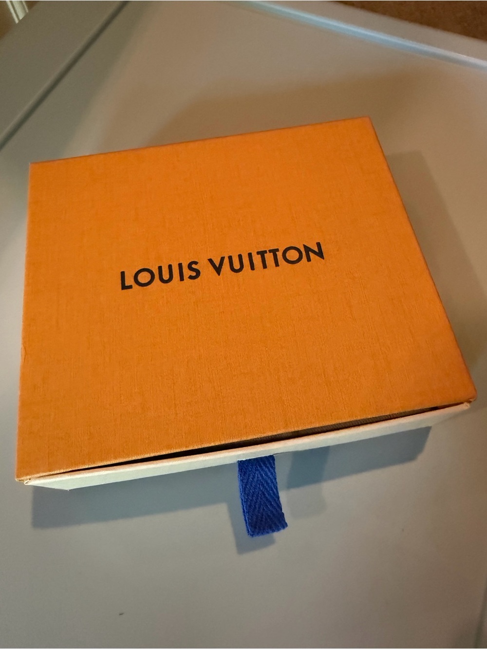 Louis Vuitton Orange Box with Blue Pull-Tab and Beige Dust Bag